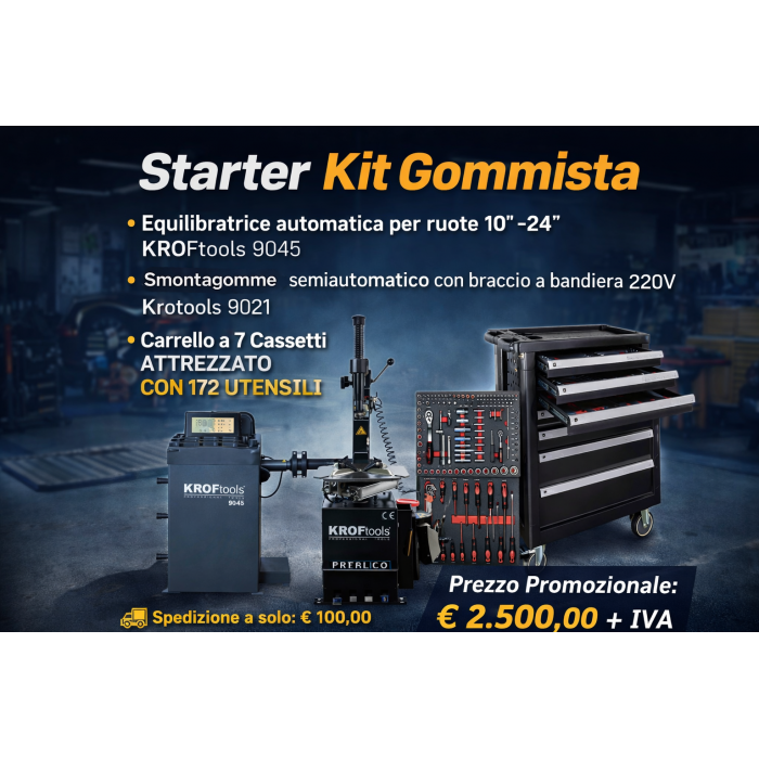 Starter Kit Gommista KROFtools Smontagomme + Equilibratrice + Carrello 172 Utensili